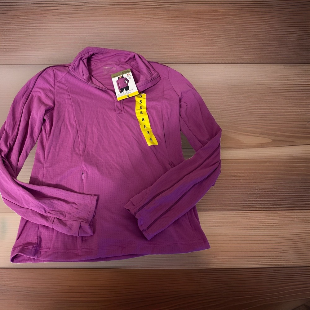 Mondetta Womens S 1/4 Zip Pullover Top Purple Polygiene Thumbholes NWT